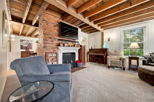 Fireplace, Interior, Living room, Piano, Stone Walls, Wooden Beams, Wooden Ceilings