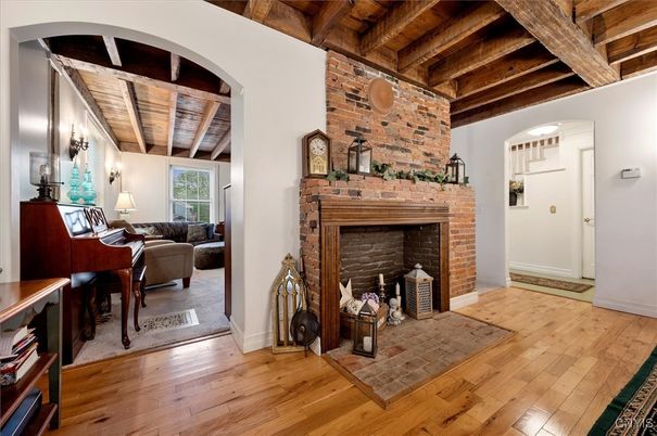 Fireplace, Interior, Living room, Piano, Stone Walls, Wooden Beams, Wooden Ceilings, Wood Texture Flooring