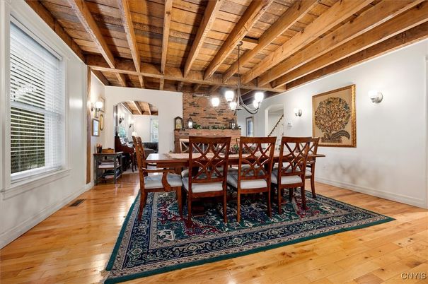 Dining room, Interior, Pendant Lights, Stone Walls, Wooden Beams, Wooden Ceilings, Wood Texture Flooring
