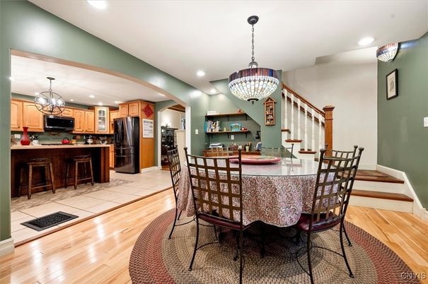 Chandelier, Dining room, Interior, Kitchen, Pendant Lights, Recessed Lighting, Wood Texture Flooring