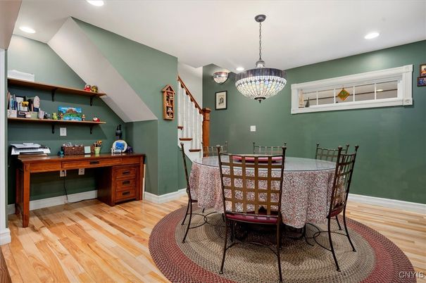 Dining room, Interior, Pendant Lights, Recessed Lighting, Wood Texture Flooring