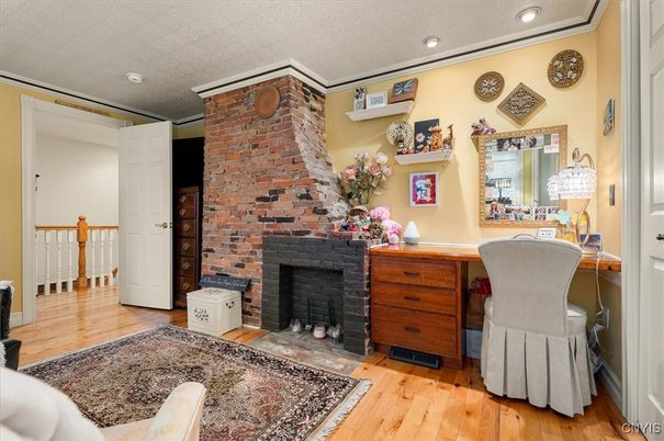 Fireplace, Home Office, Interior, Recessed Lighting, Stone Walls, Wood Texture Flooring