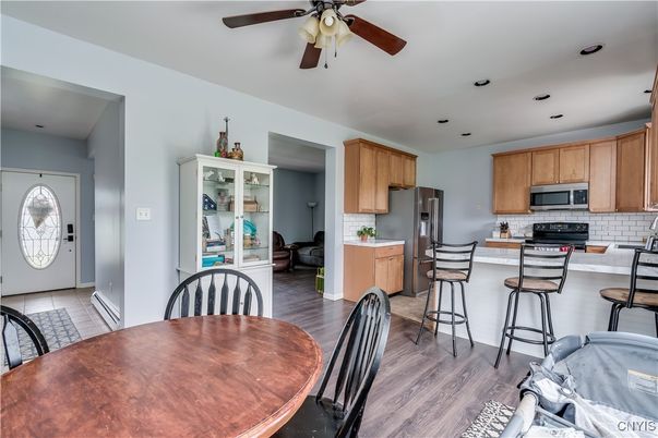 Dining room, Interior, Kitchen, Recessed Lighting, Wood Texture Flooring