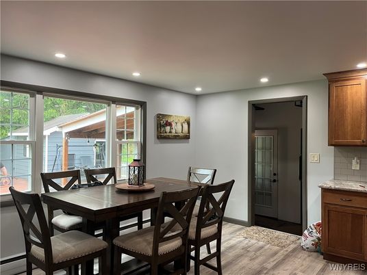 Dining room, Interior, Recessed Lighting, Wood Texture Flooring