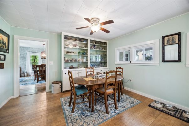 Dining room, Interior, Pendant Lights, Wood Texture Flooring