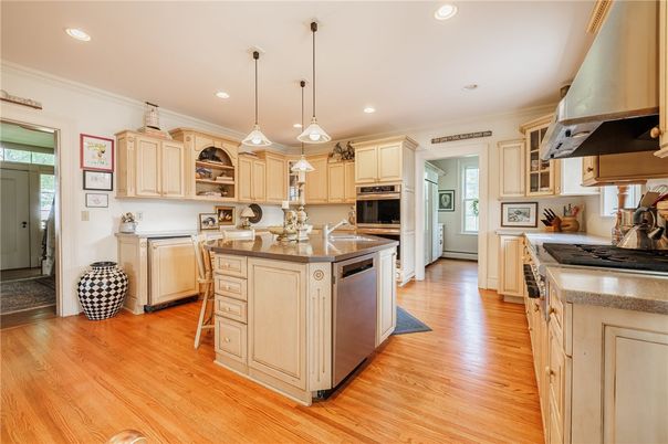 Interior, Kitchen, Pendant Lights, Recessed Lighting, Stainless Steel Appliances, Wood Texture Flooring