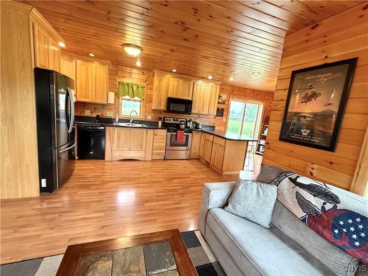 Interior, Kitchen, Living room, Recessed Lighting, Wooden Ceilings, Wood Texture Flooring, Wooden Walls