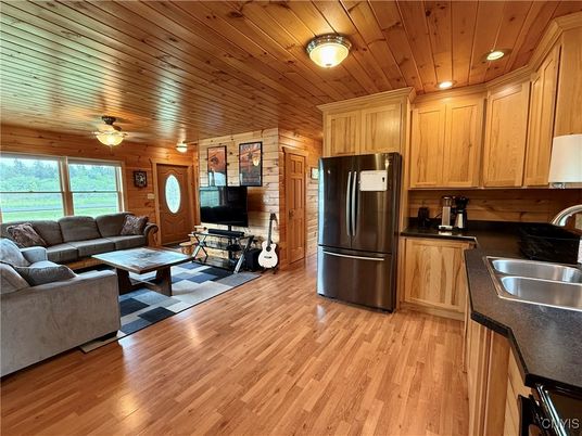 Interior, Kitchen, Living room, Recessed Lighting, Wooden Ceilings, Wood Texture Flooring, Wooden Walls