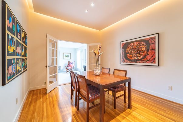 Dining room, Interior, Recessed Lighting, Wood Texture Flooring