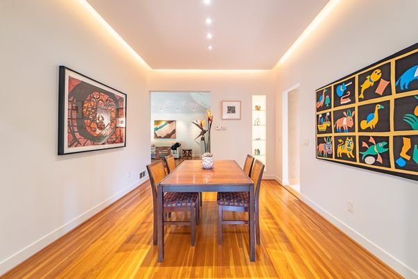 Dining room, Interior, Recessed Lighting, Wood Texture Flooring