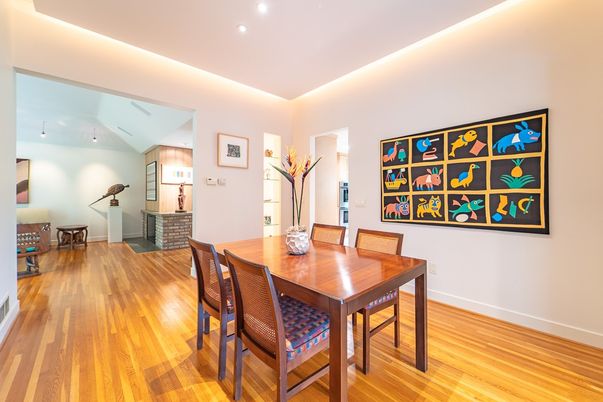 Dining room, Interior, Recessed Lighting, Wood Texture Flooring