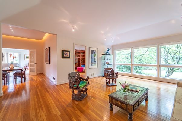 Dining room, Interior, Living room, Recessed Lighting, Wood Texture Flooring