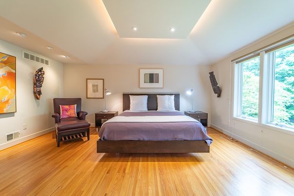 Bedroom, Interior, Recessed Lighting, Wood Texture Flooring