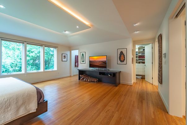 Bedroom, Interior, Recessed Lighting, Wood Texture Flooring