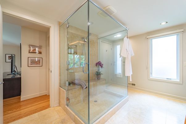 Bathroom, Glass Shower, Interior, Recessed Lighting, Wood Texture Flooring