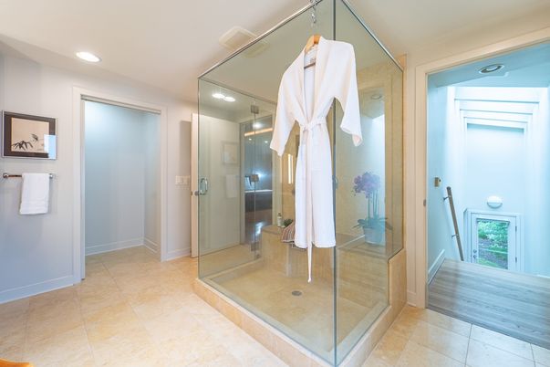 Bathroom, Glass Shower, Interior, Recessed Lighting, Wood Texture Flooring