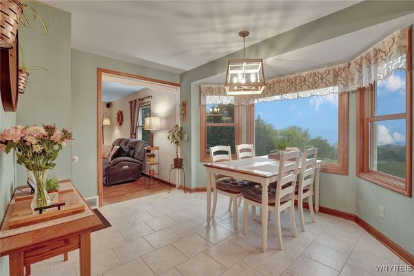 Dining room, Interior, Pendant Lights, Wood Texture Flooring