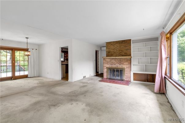 Empty room, Fireplace, Interior, Pendant Lights, Stone Walls