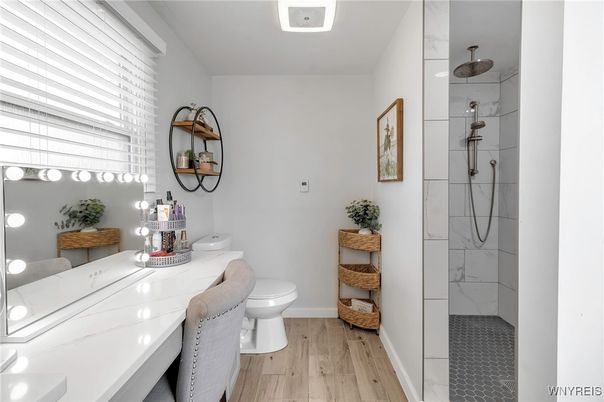 Bathroom, Interior, Marble Walls, Wood Texture Flooring
