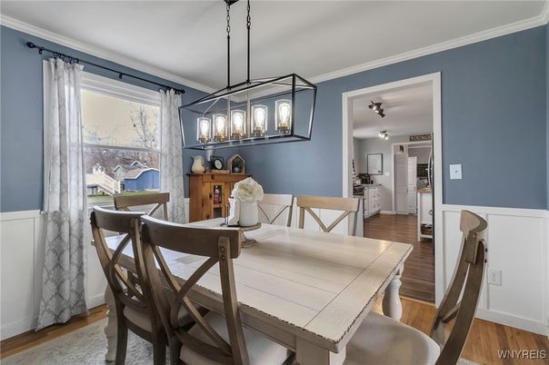 Dining room, Interior, Pendant Lights, Wood Texture Flooring