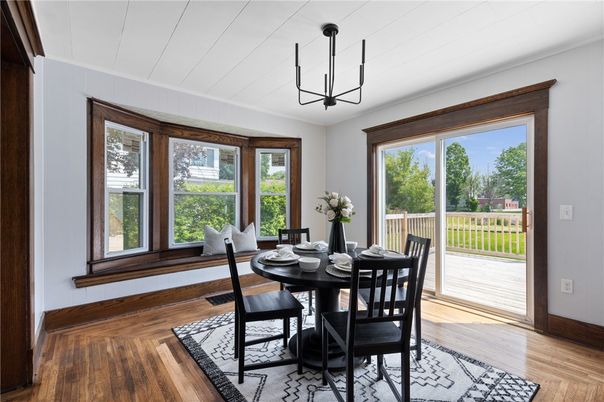 Dining room, Interior, Pendant Lights, Wood Texture Flooring