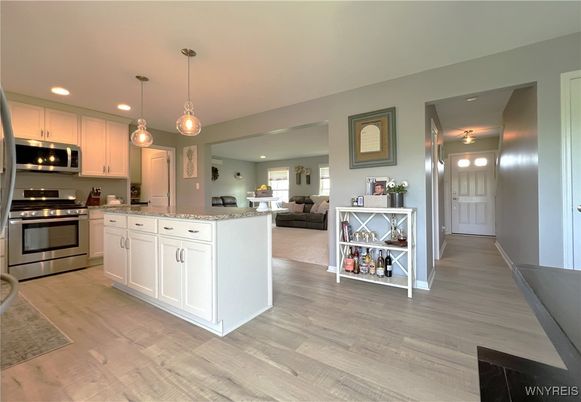 Interior, Kitchen, Living room, Pendant Lights, Recessed Lighting, Stainless Steel Appliances, Wood Texture Flooring
