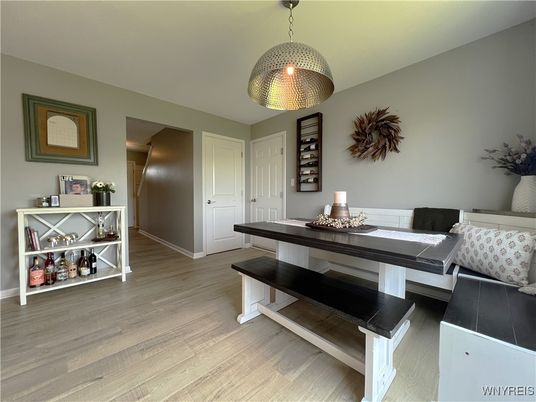 Dining room, Interior, Pendant Lights, Wood Texture Flooring