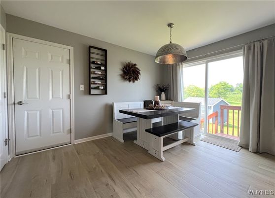 Dining room, Interior, Pendant Lights, Wood Texture Flooring