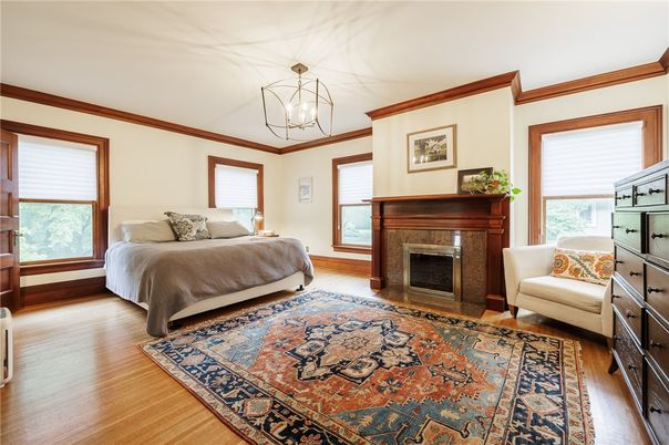 Bedroom, Chandelier, Fireplace, Interior, Wood Texture Flooring