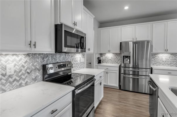 Interior, Kitchen, Recessed Lighting, Stainless Steel Appliances, Wood Texture Flooring