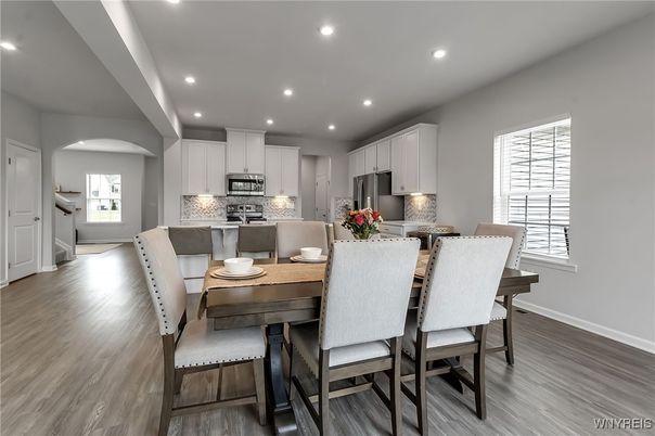 Dining room, Interior, Kitchen, Recessed Lighting, Stainless Steel Appliances, Wood Texture Flooring