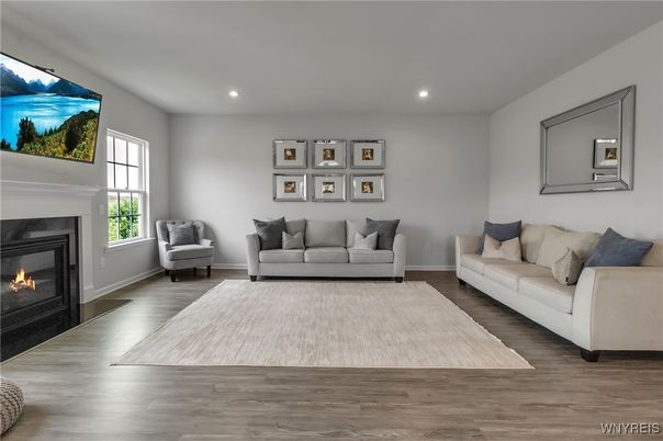 Fireplace, Interior, Living room, Recessed Lighting, Wood Texture Flooring
