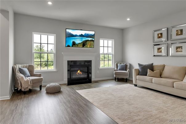 Fireplace, Interior, Living room, Recessed Lighting, Wood Texture Flooring