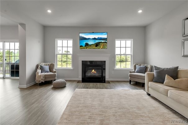 Fireplace, Interior, Living room, Recessed Lighting, Wood Texture Flooring