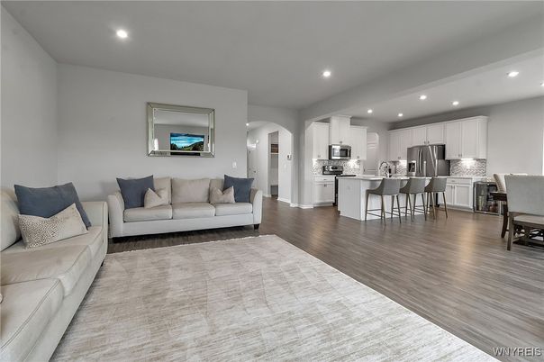 Interior, Kitchen, Living room, Recessed Lighting, Stainless Steel Appliances, Wood Texture Flooring