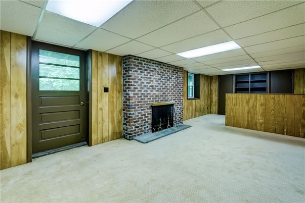 Empty room, Fireplace, Interior, Recessed Lighting, Stone Walls, Wooden Walls