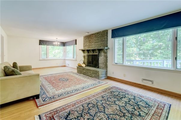 Chandelier, Fireplace, Interior, Stone Walls, Wood Texture Flooring