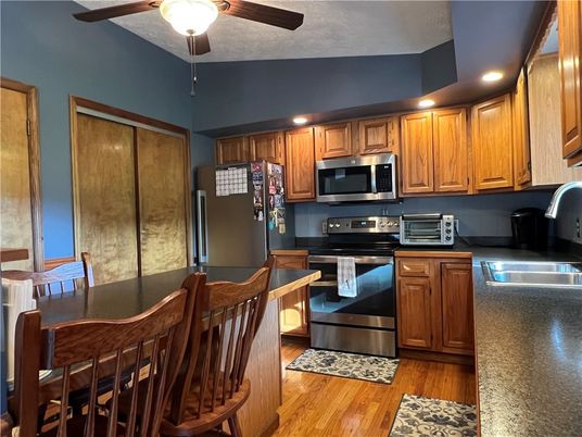 Interior, Kitchen, Recessed Lighting, Stainless Steel Appliances, Wood Texture Flooring