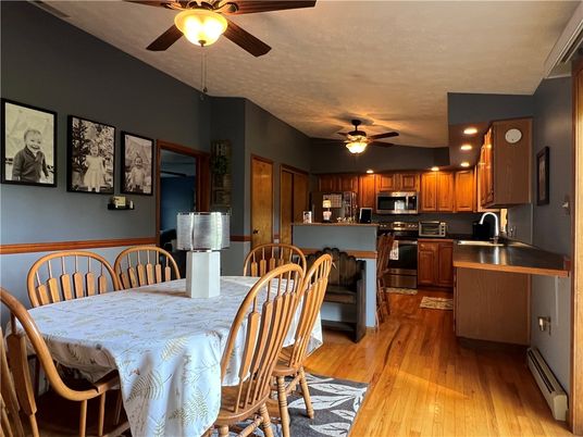 Dining room, Interior, Kitchen, Stainless Steel Appliances, Wood Texture Flooring