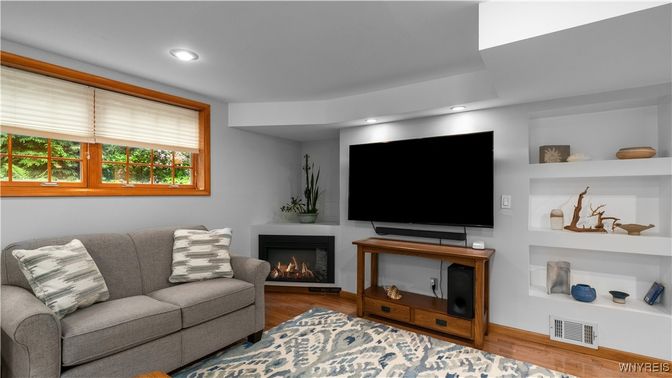 Fireplace, Interior, Living room, Recessed Lighting, Wood Texture Flooring