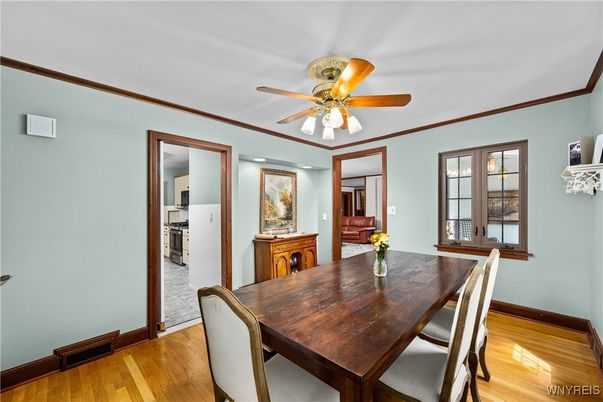 Dining room, Interior, Kitchen, Recessed Lighting, Stainless Steel Appliances, Wood Texture Flooring