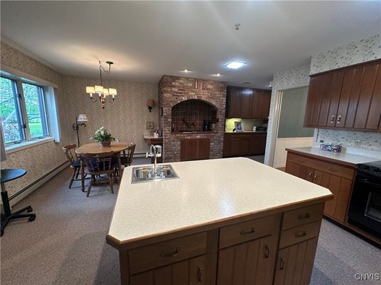 Chandelier, Dining room, Interior, Kitchen, Recessed Lighting, Stone Walls