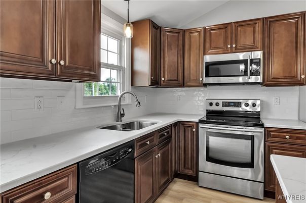 Interior, Kitchen, Pendant Lights, Stainless Steel Appliances, Wood Texture Flooring