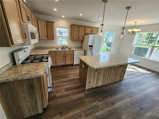 Chandelier, Interior, Kitchen, Pendant Lights, Recessed Lighting, Wood Texture Flooring