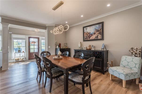 Dining room, Interior, Pendant Lights, Recessed Lighting, Wood Texture Flooring