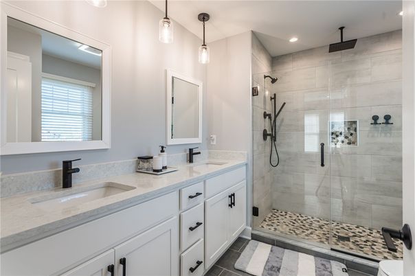 Bathroom, Dual Sink Vanities, Glass Shower, Interior, Pendant Lights, Recessed Lighting