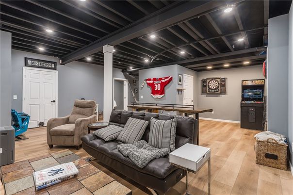 Interior, Living room, Recessed Lighting, Wood Texture Flooring