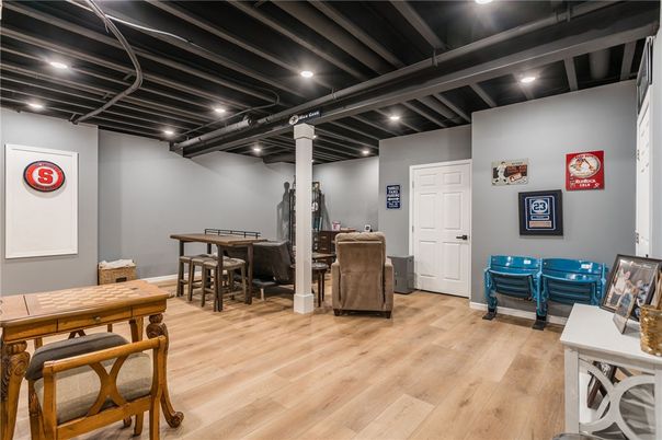 Dining room, Interior, Recessed Lighting, Wood Texture Flooring
