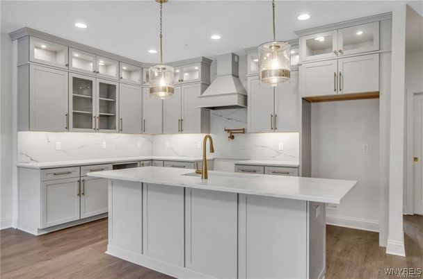Interior, Kitchen, Marble Walls, Pendant Lights, Recessed Lighting, Wood Texture Flooring