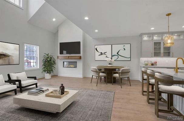 Dining room, Fireplace, Interior, Kitchen, Pendant Lights, Recessed Lighting, Wood Texture Flooring